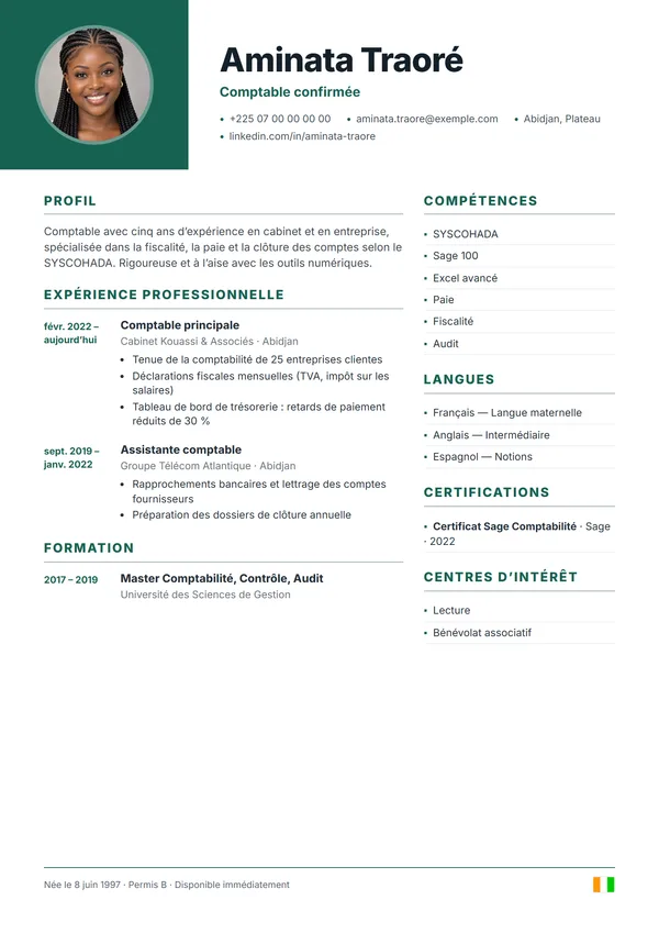 Modèle de CV Éclat : bloc de couleur avec photo, pour tous les secteurs