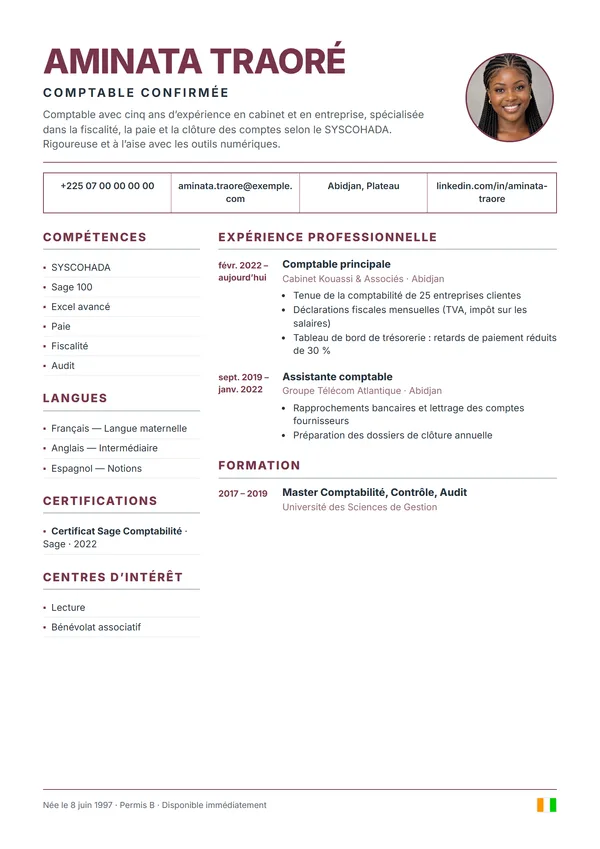 Modèle de CV Impact : nom en grand et coordonnées encadrées, pour le commerce et le management